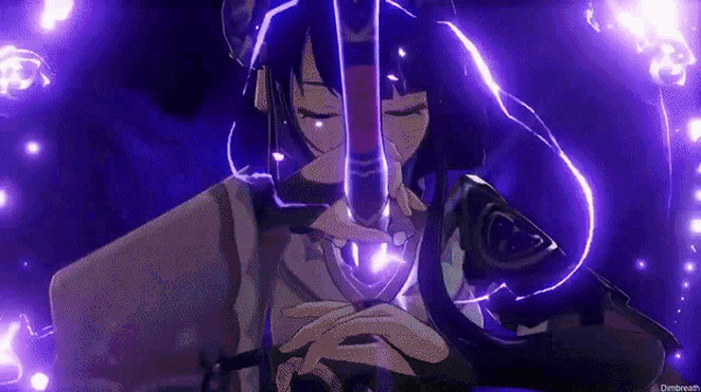 a girl in a kimono is holding a sword in her hand and a purple light is coming out of her mouth .