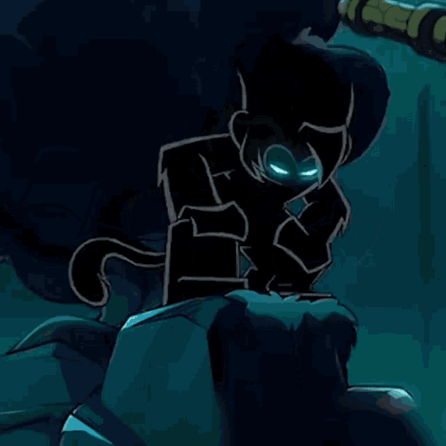 a cartoon drawing of a black cat with blue eyes