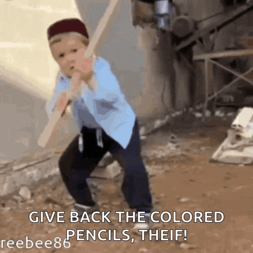 a boy is holding a wooden stick and says give back the colored pencils , theif