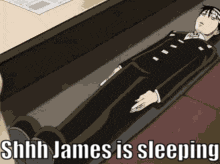a man in a suit is laying in a coffin with the words shhh james is sleeping above him