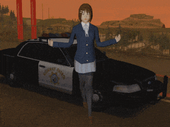 a girl standing next to a police car with the number 01 on the back