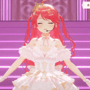 a girl with red hair wearing a white dress and a microphone
