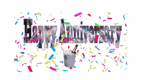 a bucket of ice and a bottle of champagne on a colorful background that says happy party