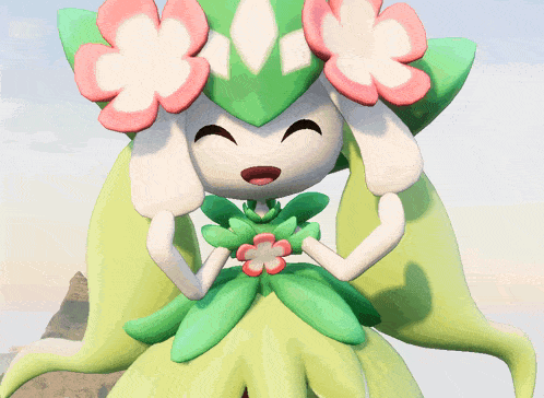 a cartoon character with pink and white flowers in her hair