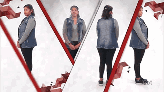 a woman wearing a denim vest is standing in front of a red triangle .
