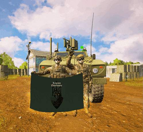 two soldiers holding a flag that says legion darkness on it