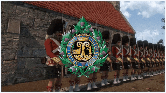 a group of soldiers standing in front of a building with a crest that says scottish