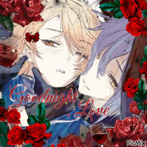 a picture of a couple surrounded by red roses with the words goodnight love on the bottom