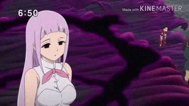 a girl with purple hair is standing in front of a purple background .