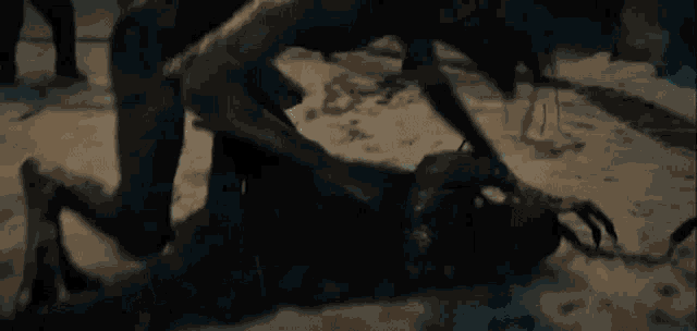 a close up of a person standing next to a horse in the dirt .