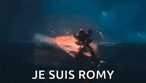 a close up of a cartoon character with red eyes and the words `` je suis romy '' written below it .