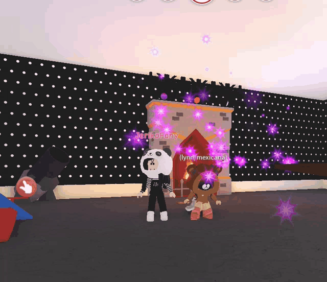 a girl in a panda costume is standing next to a teddy bear in front of a fireplace with purple lights