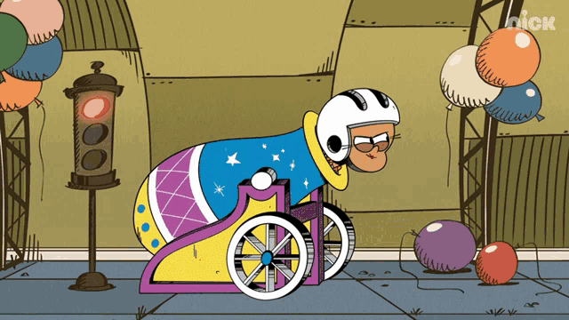 a cartoon of a person in a wheelchair with balloons and a nick logo in the corner