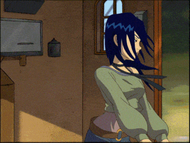 a girl with blue hair is standing in front of a wall