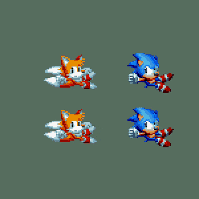 a pixel art of sonic the hedgehog and tails flying