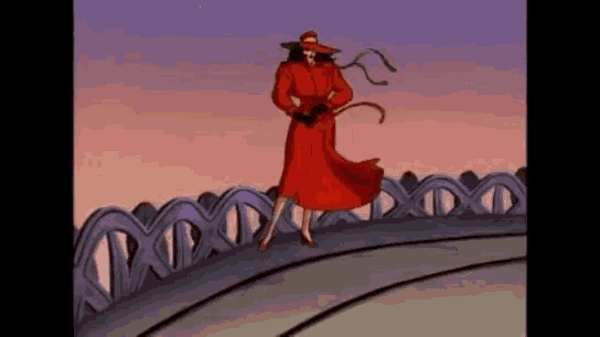a cartoon of a woman in a red coat and hat standing on a bridge .