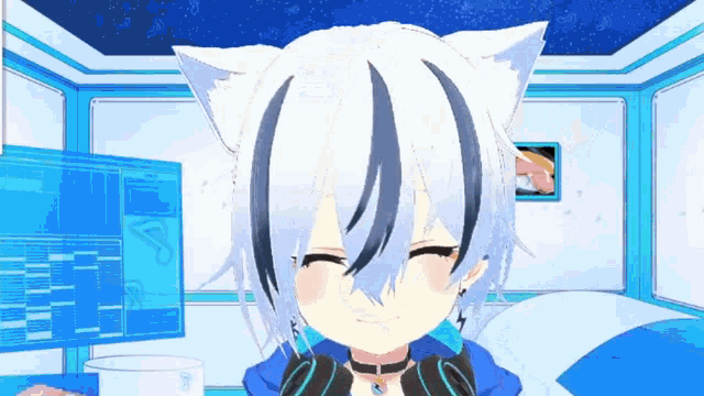 a girl with white hair and black stripes is wearing headphones and smiling in a room .