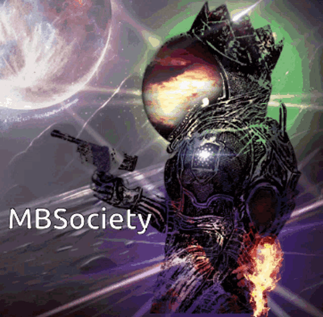 a painting of a man holding a gun with the words mbsociety written below him