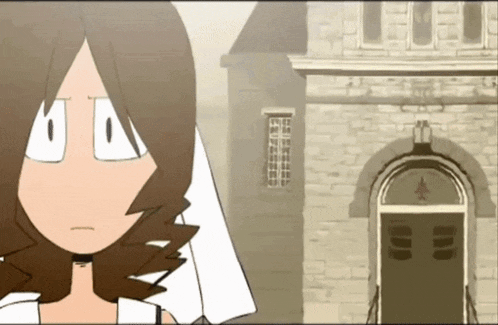 a cartoon drawing of a woman standing in front of a building
