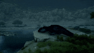 a picture of a dinosaur laying on a rock with the words goodnight below it