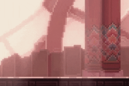 it looks like a pixel art of a city with a lot of buildings and pillars .