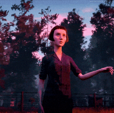 a woman in a purple jumpsuit is standing in a field with trees in the background and the words mistressverabethle visible