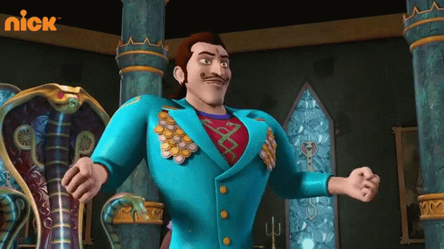 a man in a blue suit stands in a room with a nick logo behind him