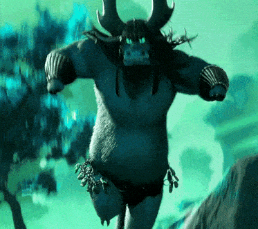 a blue monster with horns and a necklace around his neck