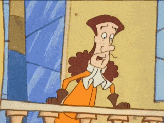 a cartoon character is standing on a balcony and looking out the window