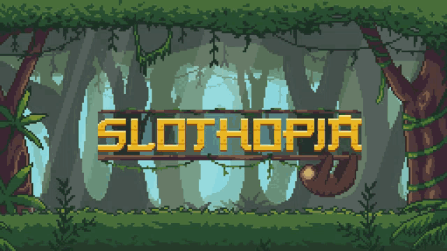 a sloth is hanging from a tree in a pixel art scene with slothopia written on it