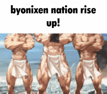 three muscular men standing next to each other with their arms crossed and the words byonixen nation rise up