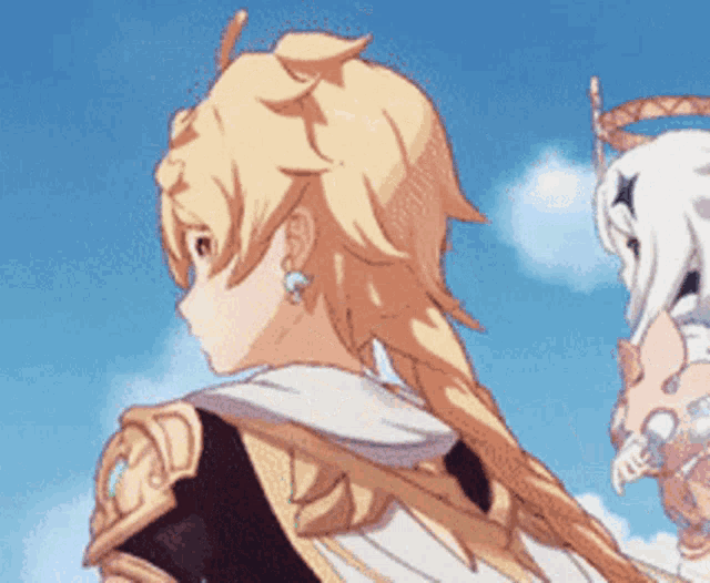 two anime characters are standing in front of a blue sky .