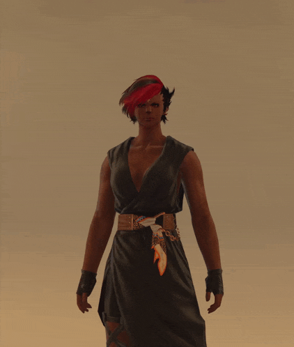a woman with red hair and a black dress is standing with her arms outstretched