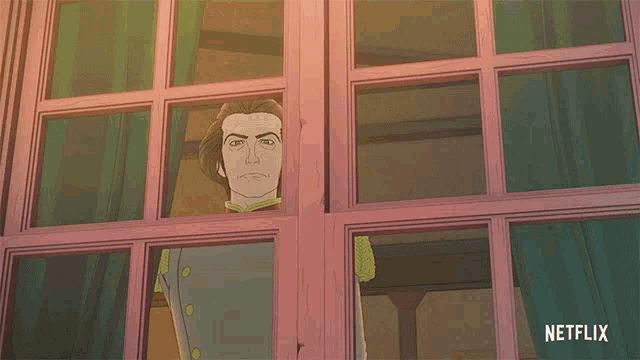 a cartoon of a man looking out of a window with a netflix logo below him