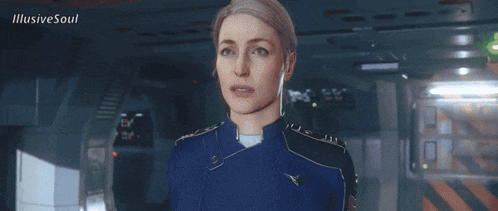 a woman in a blue uniform stands in a room with the words illusive soul on the bottom