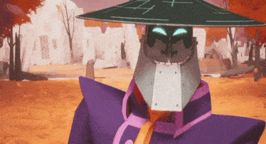 a cartoon character wearing a purple robe and a black hat