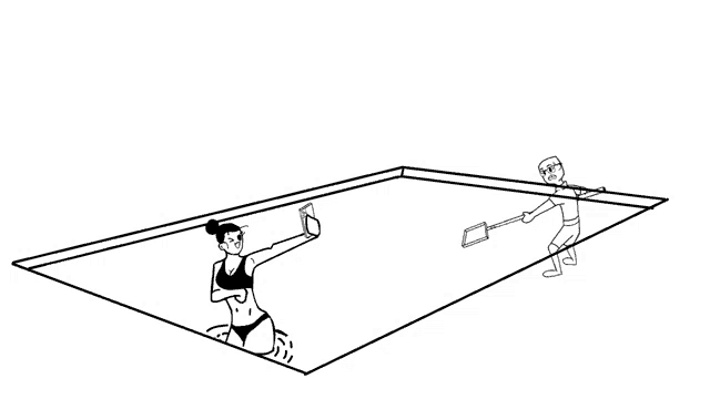 a black and white drawing of a woman in a bikini standing in a pool .