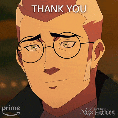 a cartoon of a man with glasses and the words thank you above him