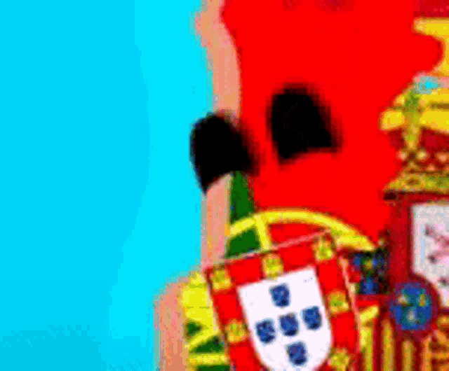 a cartoon drawing of a person holding a portuguese coat of arms .