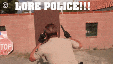 a police officer holding a gun in front of a stop sign