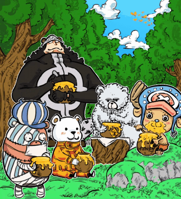 a group of bears are holding buckets of honey