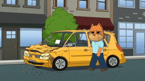 a cartoon cat is standing next to a yellow car that has been damaged