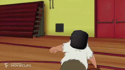 a cartoon character is jumping in the air in a gym .
