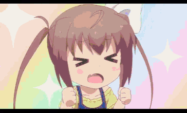 a little girl with pigtails is making a funny face .