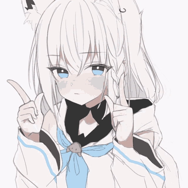 a drawing of a girl with white hair and blue eyes pointing at her chest