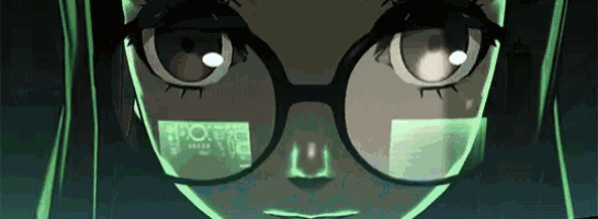 a close up of a girl wearing glasses with a computer screen behind her eyes .