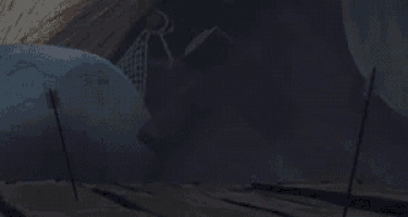 a cartoon character with a beard and wings is flying through the air in a cave .
