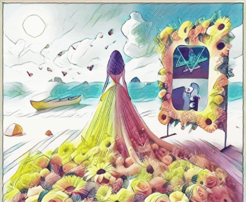 a painting of a woman standing in front of a mirror with flowers around it
