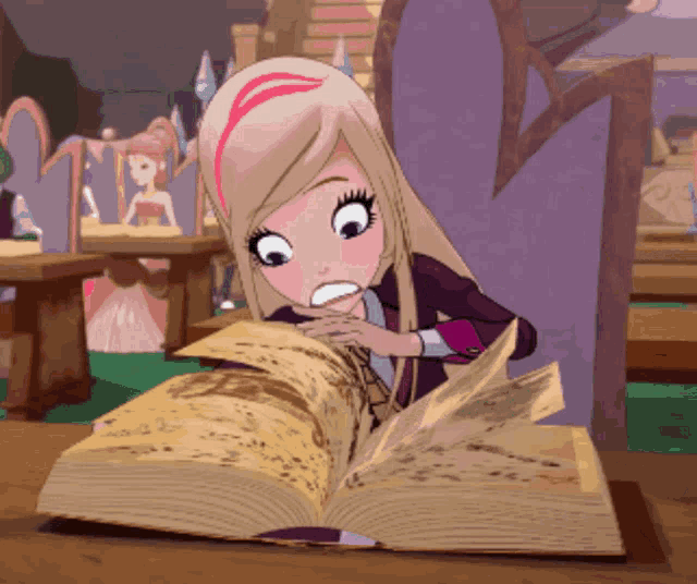 a cartoon girl is reading a book and making a surprised face