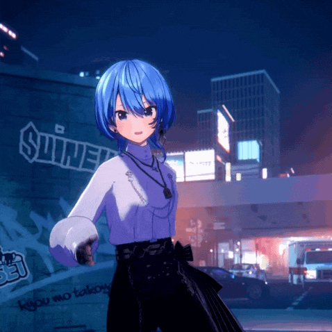 a girl with blue hair is standing in front of a wall that says suite